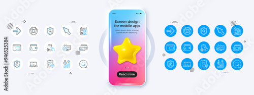 Next, Refrigerator app and Inspect line icons. Phone mockup with 3d star icon. Pack of Wallet, Cyber attack, Credit card icon. Yummy smile, Report checklist, Shield pictogram. Vector
