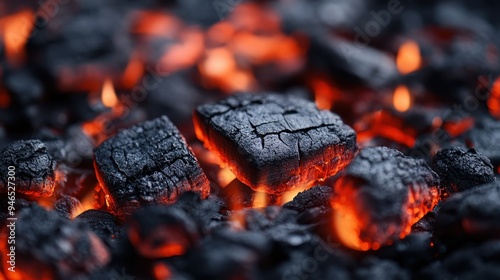 This close-up image portrays glowing coals displaying a deep fiery orange glow, capturing the raw energy and heat emanating from the burning process. photo