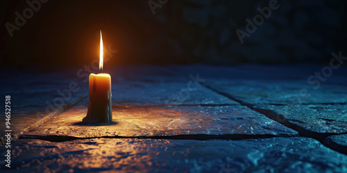 A lone candle flickering in the darkness, casting soft shadows on the stone floor, set against an indigo backdrop, creating a calm and contemplative atmosphere. photo