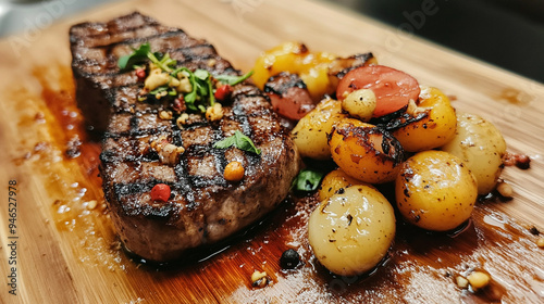 Juicy grilled steak seasoned with fresh herbs and spices with potatoes. photo