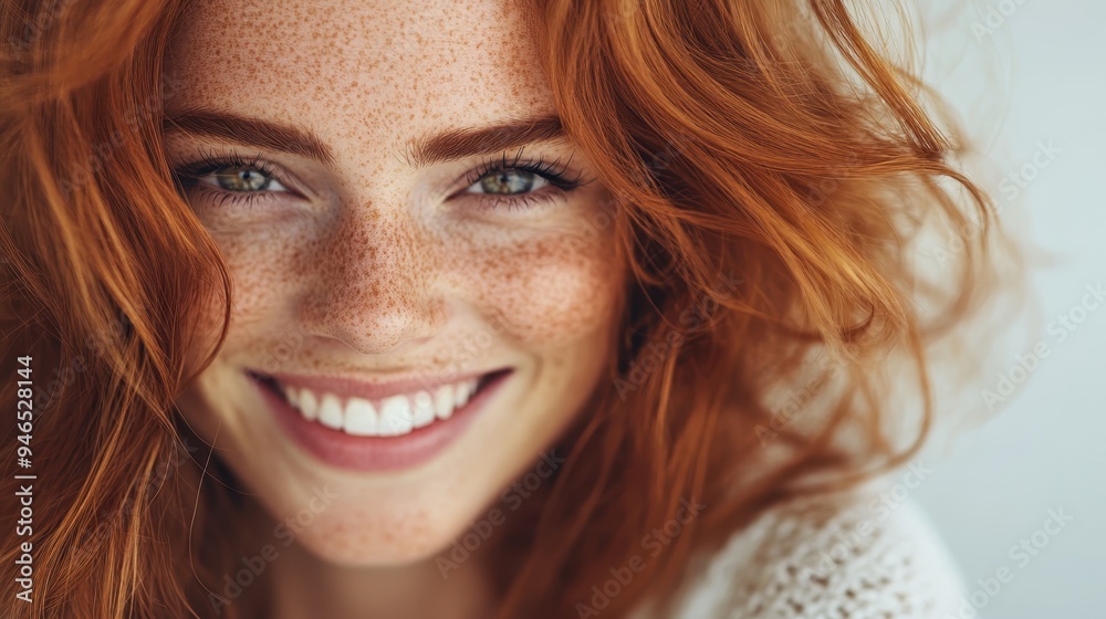 A close-up portrait of a smiling redhead woman with freckles and curly hair, showcasing her natural beauty and vibrant haircolor in good light. A close-up portrait of a smiling redhead woman with freckles and curly hair, showcasing her natural beauty and vibrant haircolor in good light.