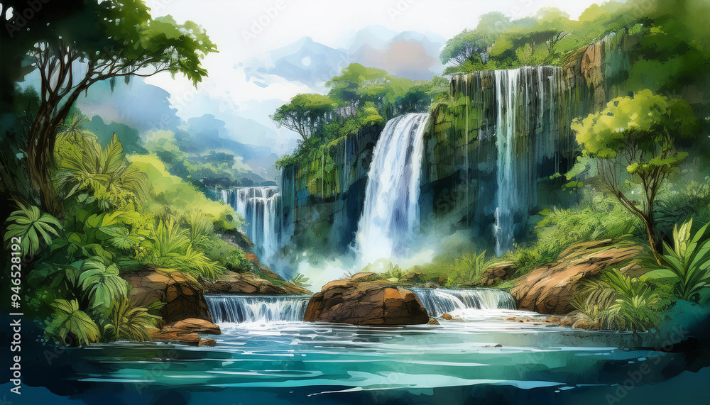 Fototapeta premium Majestic waterfall and green jungles. Watercolor painting. Beautiful landscape sketch. Hand drawn