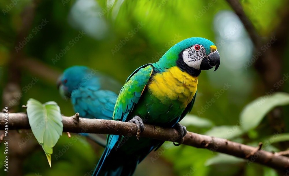 A cute parrot with bright yellow and green plumage sits on a tree branch in the tropical forest A cute parrot with bright yellow and green plumage sits on a tree branch in the tropical forest