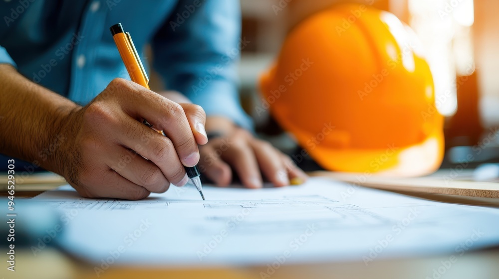 A person in a blue shirt focuses on drawing architectural plans with a pen, emphasizing precision and planning for construction projects. A person in a blue shirt focuses on drawing architectural plans with a pen, emphasizing precision and planning for construction projects.