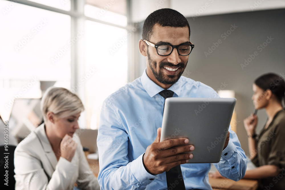 Man, tablet and smile with thinking in office, meeting or reading for progress, solution or notes on app. Person, analyst and digital touchscreen for stats, info or editing report at insurance agency Man, tablet and smile with thinking in office, meeting or reading for progress, solution or notes on app. Person, analyst and digital touchscreen for stats, info or editing report at insurance agency