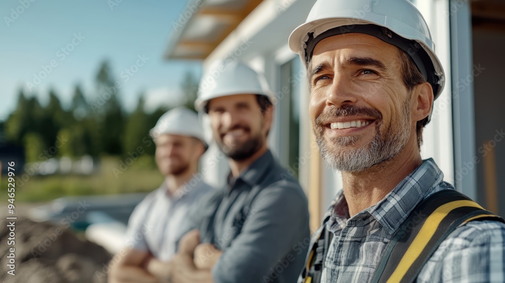 Three engineers wearing white hard hats standing outdoors at a construction site, with a primary focus on one smiling male engineer in front, emphasizing teamwork and camaraderie. Three engineers wearing white hard hats standing outdoors at a construction site, with a primary focus on one smiling male engineer in front, emphasizing teamwork and camaraderie.