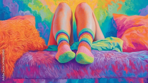 A vibrant image depicts the lower legs of a young woman clad in cozy socks, her feet contrasting with the vivid backdrop.  photo