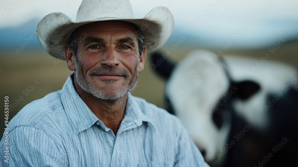 A man in a white hat with a striped shirt smiles warmly in front of a cow, with the rural landscape stretching behind them, under a calm and serene sky. A man in a white hat with a striped shirt smiles warmly in front of a cow, with the rural landscape stretching behind them, under a calm and serene sky.