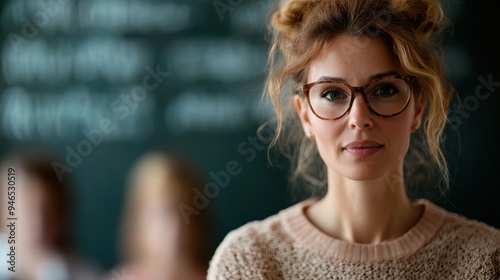 Young woman with glasses, wearing a sweater, stands in focus with a blurred background. The setting looks like a classroom with a chalkboard and chalk text. photo