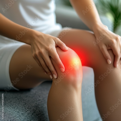 Wallpaper Mural A young woman holds onto her sore knee while sitting on the couch. The red areas indicate injury. Torontodigital.ca