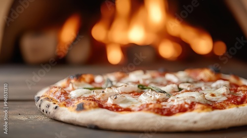 A delicious pizza, topped with fresh ingredients, is placed in front of a wood-fired oven with flames in the background, showcasing a mouthwatering and warm culinary experience. photo