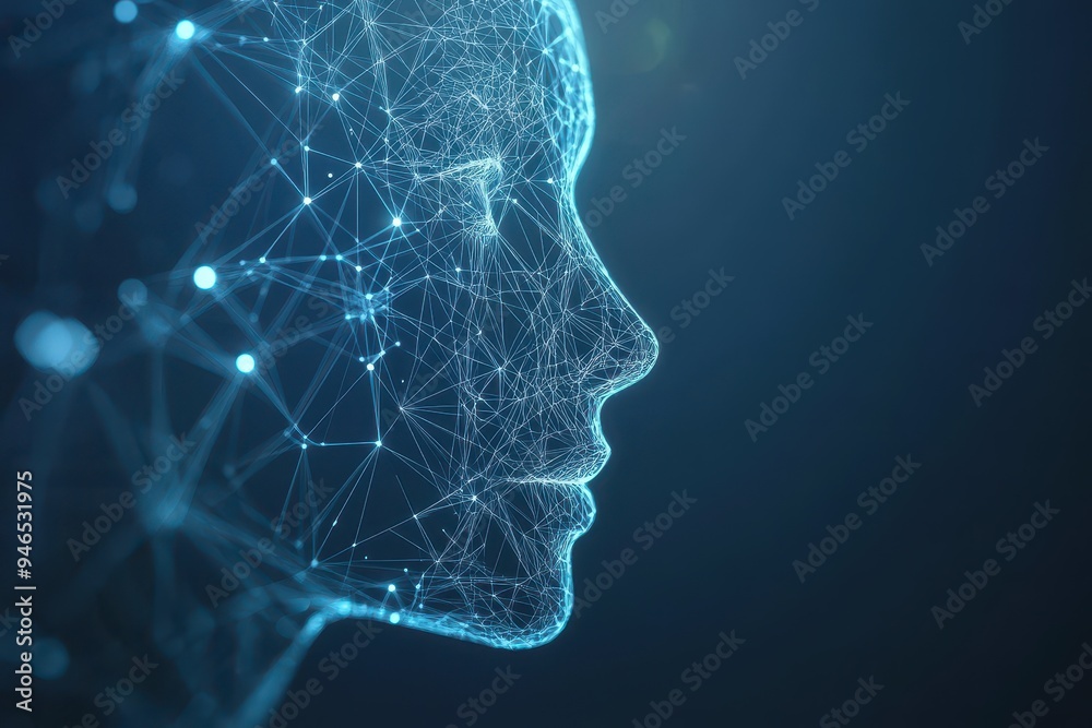 Digital hologram of a face being constructed from data points and lines, with copy space. Soft, blue lighting. Futuristic AI lab Digital hologram of a face being constructed from data points and lines, with copy space. Soft, blue lighting. Futuristic AI lab