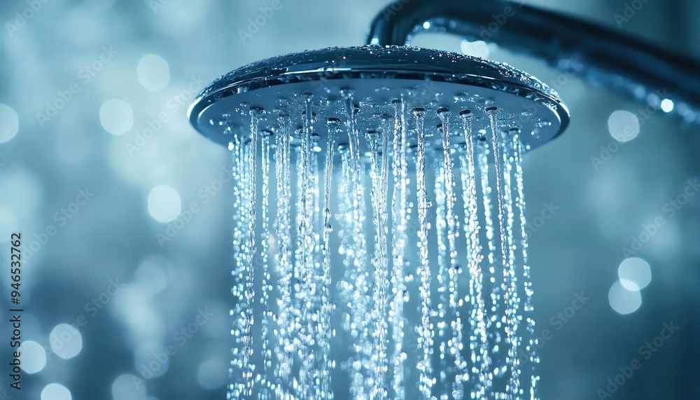 Showerhead with flowing water, soft blue background, clean and refreshing Showerhead with flowing water, soft blue background, clean and refreshing