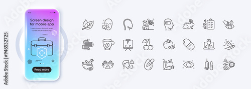 Weariness, Coffee and Health eye line icons for web app. Phone mockup gradient screen. Pack of Leaf, Face accepted, Medical insurance pictogram icons. Vector
