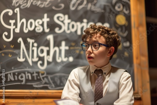 Young reader in tie and glasses, before a chalkboard promoting Ghost Stories Night