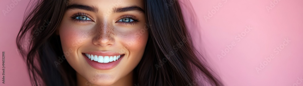 Smiling woman with long, straight black hair, against a soft pink background Smiling woman with long, straight black hair, against a soft pink background