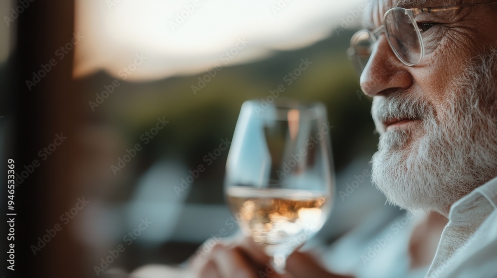 In this serene image, a man is seen sitting outdoors holding a glass of white wine, basking in the soft evening light with a blurred scenic background, evoking a sense of relaxation. In this serene image, a man is seen sitting outdoors holding a glass of white wine, basking in the soft evening light with a blurred scenic background, evoking a sense of relaxation.