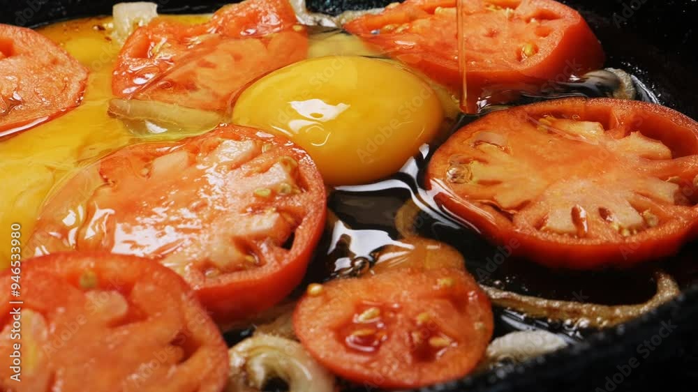Eggs are cracked into a frying pan with tomatoes and onions. Medium shot. Eggs are cracked into a frying pan with tomatoes and onions. Medium shot.