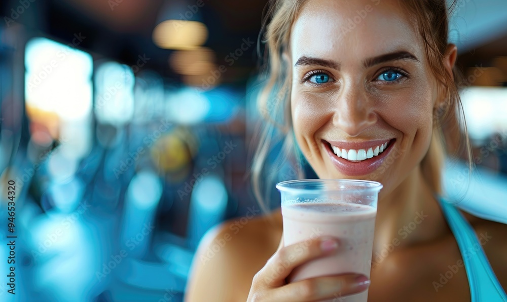Smiling Woman Drinking a Shake in a Well-Equipped Gym: Realistic and Detailed Photo Smiling Woman Drinking a Shake in a Well-Equipped Gym: Realistic and Detailed Photo