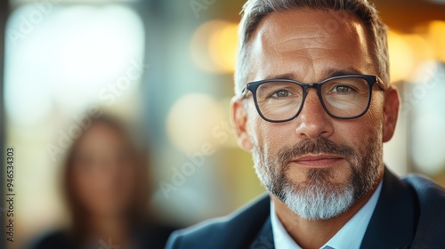 A middle-aged man with grey hair and glasses, dressed in a suit, sits in an office environment, appearing deep in thought, with a blurred colleague in the background, evoking introspection.