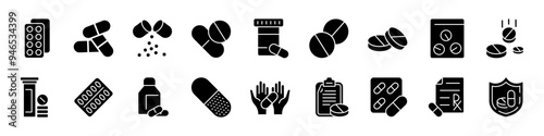 Pills and Tablets set. Pharmacy pill. Silhouette style.