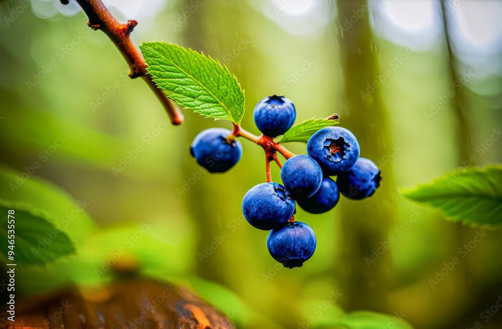 bunches of blueberries on branches in a rainy forest. ecosystem development. respect for nature bunches of blueberries on branches in a rainy forest. ecosystem development. respect for nature