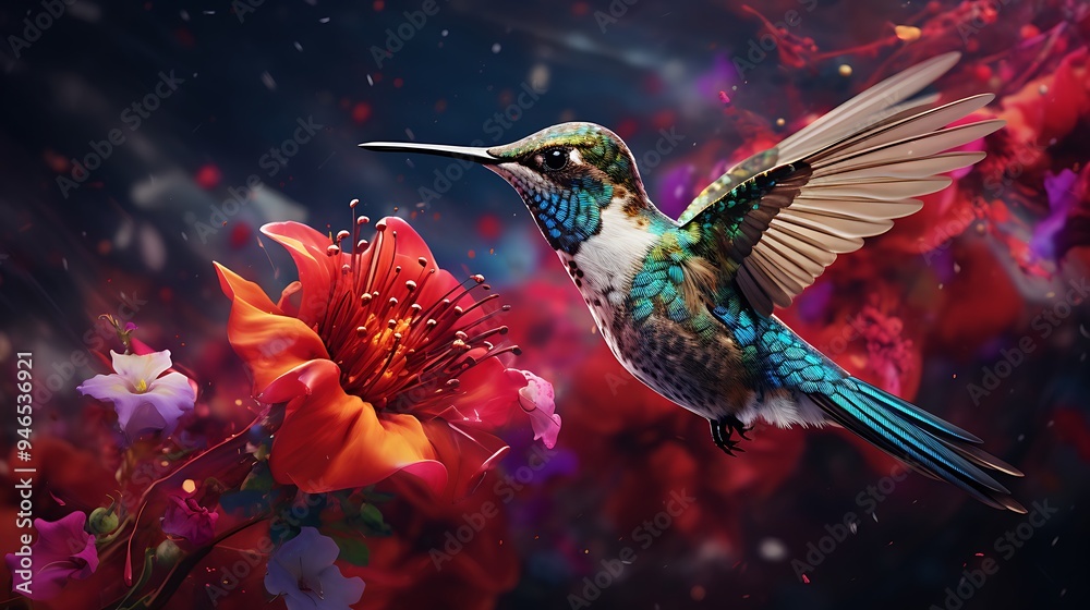 Obraz premium An artistic depiction of a hummingbird feeding on a vibrant blossom, capturing the graceful movement and vivid colors in exquisite