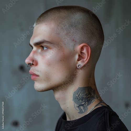 Profile of a Young Man with Tattoos and Piercings: Modern Urban Style