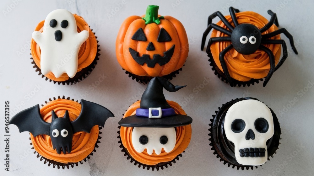A row of Halloween cupcakes with spooky decorations A row of Halloween cupcakes with spooky decorations