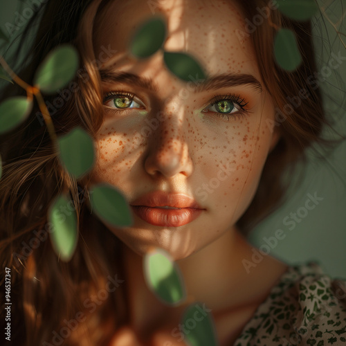 Close-Up Portrait of a Freckled Woman with Green Eyes in Dappled Light