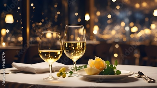 An image created using generative AI that shows a table at a fancy restaurant at night, with a glass of white wine and warm, golden lighting