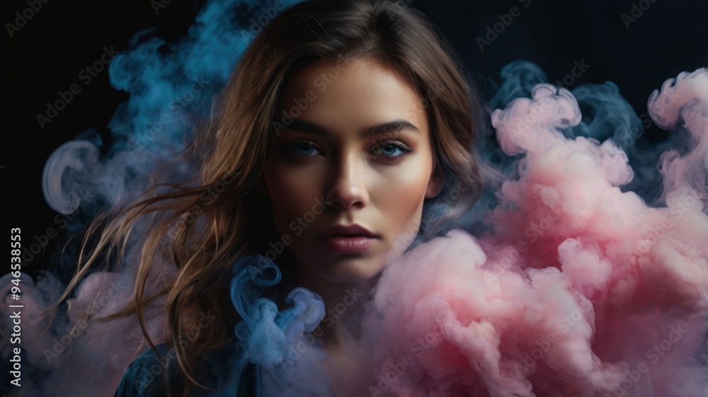 A woman is standing in front of a cloud of smoke A woman is standing in front of a cloud of smoke