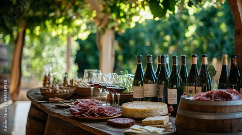 A picturesque Italian vineyard with a wine tasting setup, featuring a selection of Italian wines paired with artisanal cheeses and cured meats