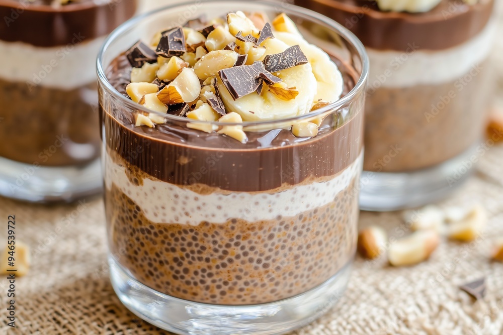 decadent peanut butter cup chia seed pudding served in clear glass cups, showcasing layered textures and rich colors