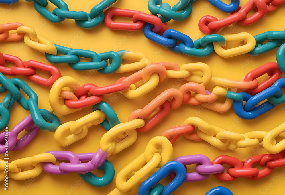 Concept photo of colorful chains on yellow background Concept photo of colorful chains on yellow background