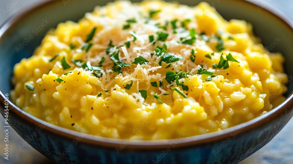 A vibrant bowl of homemade risotto, creamy and rich, with saffron threads, freshly grated Parmesan, and a garnish of parsley A vibrant bowl of homemade risotto, creamy and rich, with saffron threads, freshly grated Parmesan, and a garnish of parsley