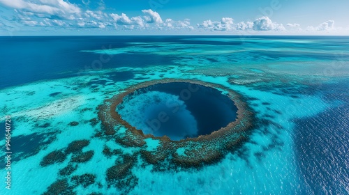 Aerial view of the blue hole on a beautiful coral reef in Great Exuma, an isolated circular structure that appears to be reaching out into deep water. The vast ocean is seen around it, with clear skie photo