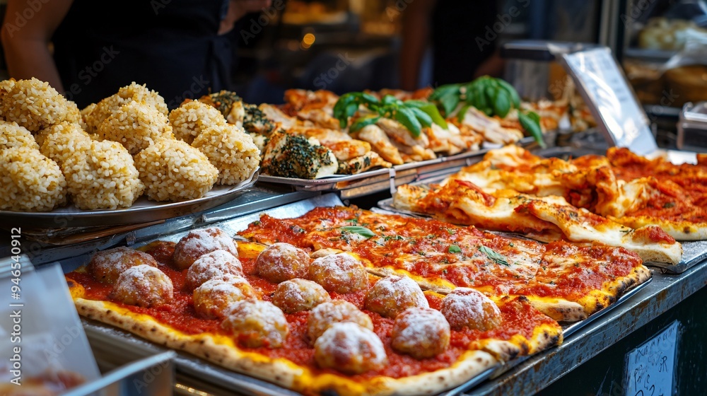 A vibrant Italian street food scene featuring vendors selling classic items like supplì (rice balls) and pizza al taglio (pizza by the slice)