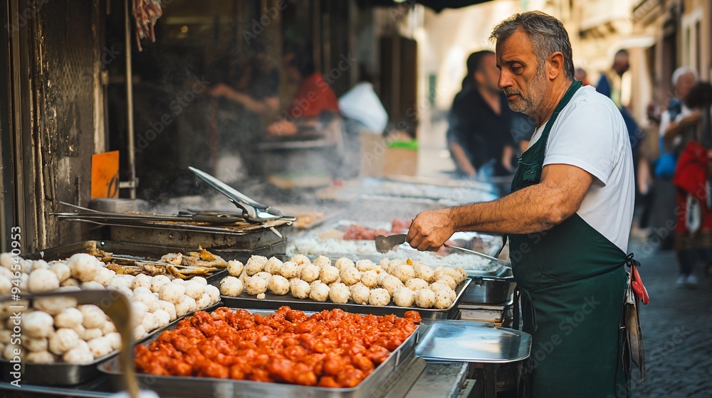 A vibrant Italian street food scene featuring vendors selling classic items like supplì (rice balls) and pizza al taglio (pizza by the slice) A vibrant Italian street food scene featuring vendors selling classic items like supplì (rice balls) and pizza al taglio (pizza by the slice)