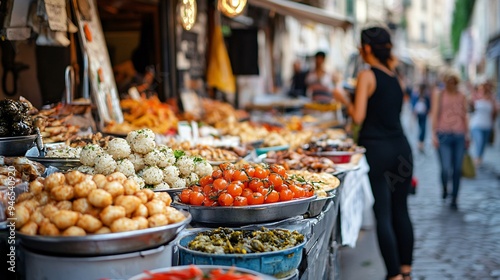 A vibrant Italian street food scene featuring vendors selling classic items like supplì (rice balls) and pizza al taglio (pizza by the slice) photo