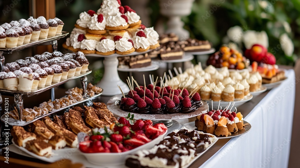 An elegant Italian dessert table with a variety of sweets, including cannoli, tiramisu, and gelato, presented with fresh fruit and chocolate sauce An elegant Italian dessert table with a variety of sweets, including cannoli, tiramisu, and gelato, presented with fresh fruit and chocolate sauce