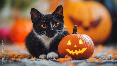 Adorable Cat with Halloween Jack-o'-Lantern