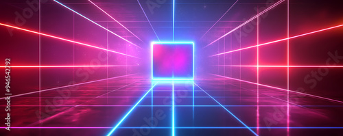 A futuristic neon grid tunnel leads to a glowing portal, creating a vibrant and immersive sci-fi scene.