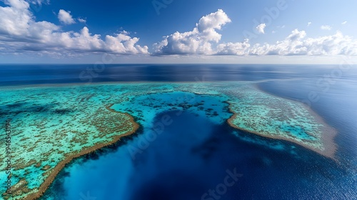 Aerial view of the blue hole on a beautiful coral reef in Great Exuma, an isolated circular structure that appears to be reaching out into deep water. The vast ocean is seen around it, with clear skie