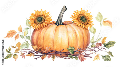 Watercolor Pumpkin with Sunflowers and Autumn Leaves - Perfect for Fall Decorations