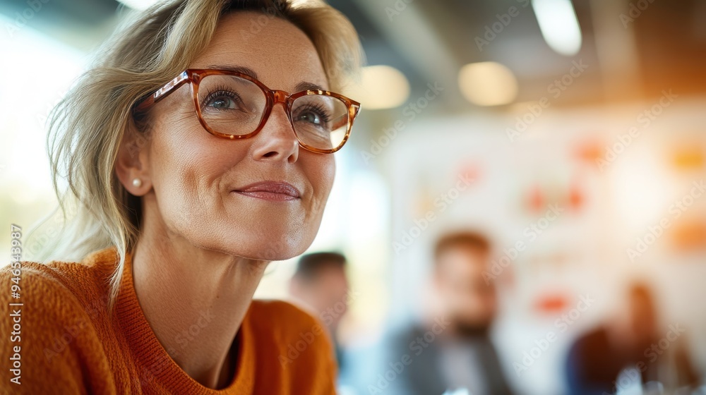 A blonde woman wearing glasses, smiling warmly with a soft focus background and warm lighting. The image exudes a sense of comfort, intelligence, and contentment. A blonde woman wearing glasses, smiling warmly with a soft focus background and warm lighting. The image exudes a sense of comfort, intelligence, and contentment.