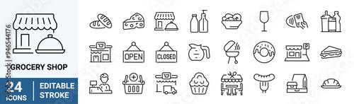 Grocery shop line web icons. Grocery types icon set, store, super market, mart, flea market.