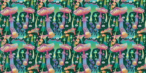 Seamless Pattern with Magic mushrooms, hand drawn vector illustration