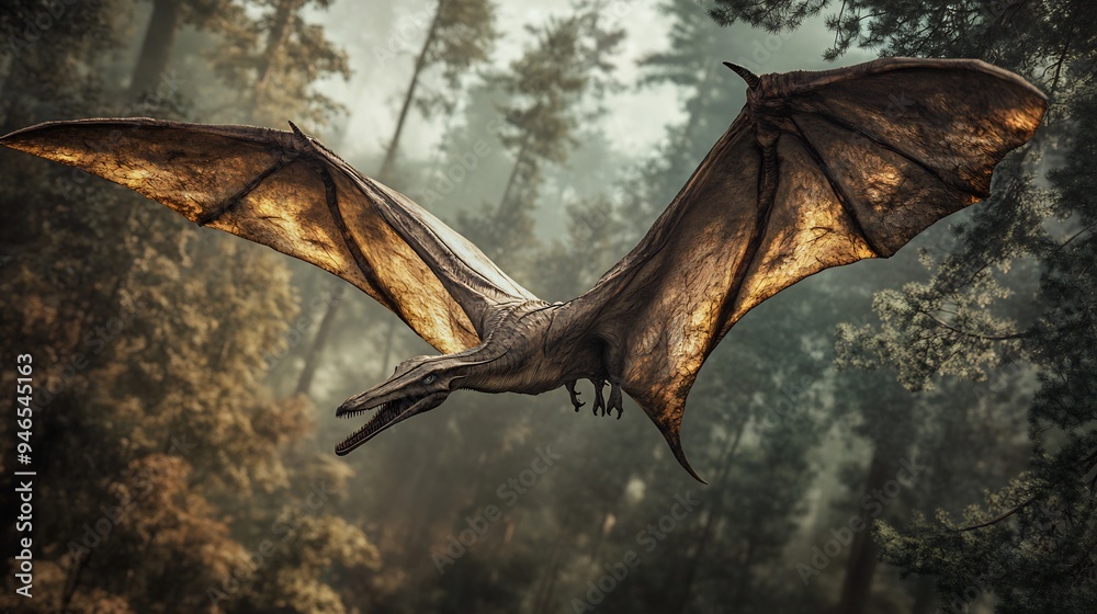 Fototapeta premium Pterodactyl Soaring Through the Misty Forest
