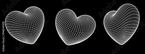 Set of 3D hearts made of wireframe on a dark background.